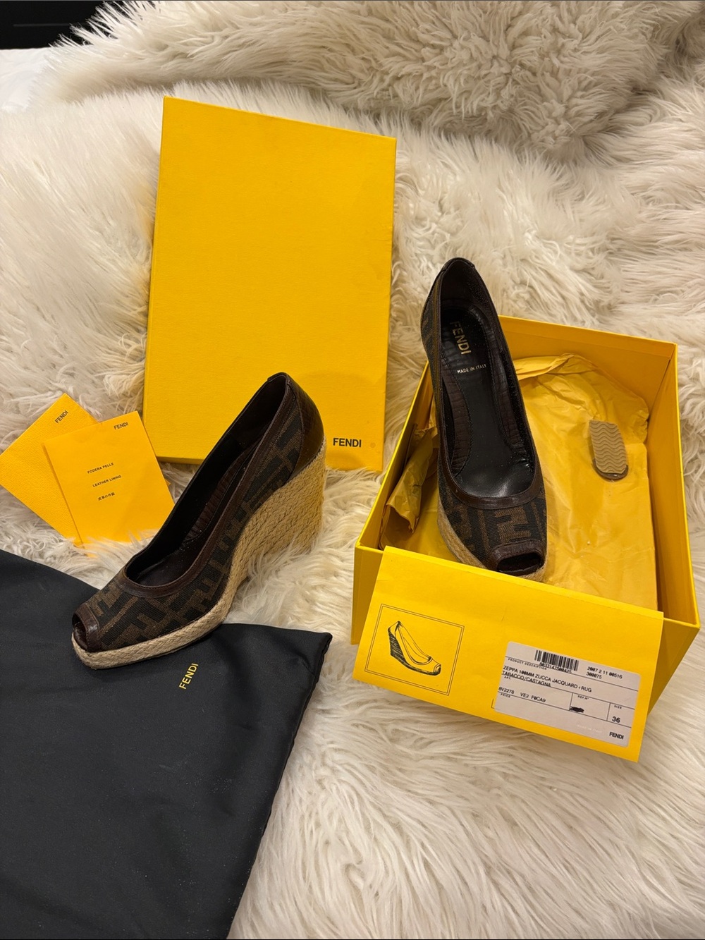 Fendi Dark Brown FF Monogram Espadrille Wedge Peep-Toe